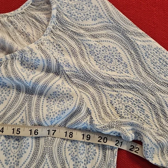 LOVESTITCH Blue white graphics tassel drawstring neckline Tiered Bell Sleeves Md - Picture 7 of 8